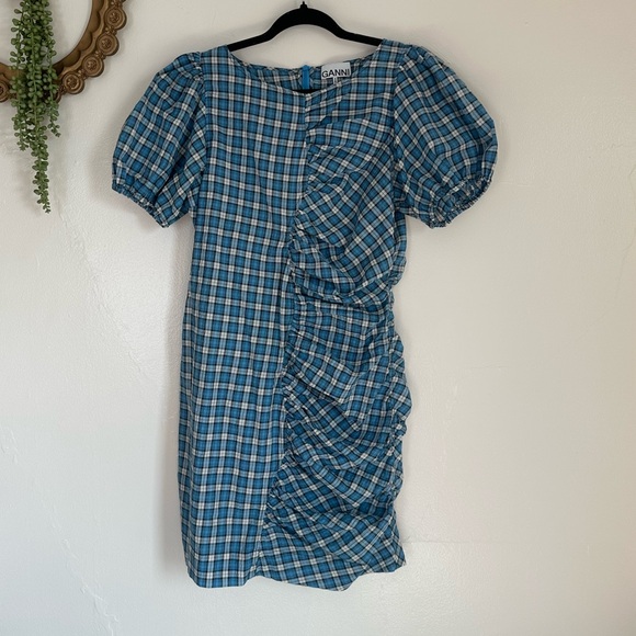 Ganni Dresses & Skirts - Ganni Check Ruched Seersucker Minidress in Check Azure Blue,